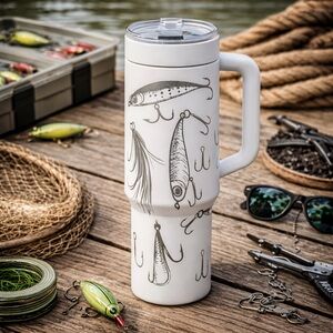 White Fishing Lure 40oz Tumbler w/ Handle | Engraved Stainless Steel Insulated